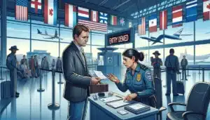 A scene depicting a person being denied entry at an airport border crossing due to a DUI conviction. The setting is a modern airport with a border 