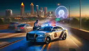 A detailed depiction of  Atlanta, Georgia, DUI traffic stop by the Georgia State Patrol on the Downtown Connector. The scene includes a patrol car