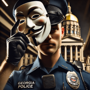 A Georgia police officer partially removing a Guy Fawkes mask revealing their face beneath The scene is set in an urban environment with a recogniza copy-min