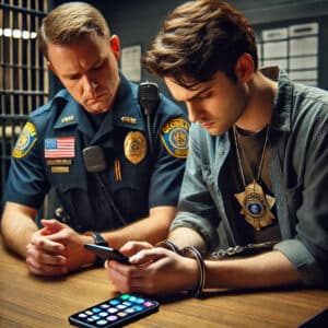 A scene depicting a Georgia police officer searching a detained persons cell phone The officer is standing next to the detained person who is seate