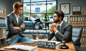 scene showing a concerned driver consulting with a confident lawyer named George Creal in a modern office. In the background, visible through a larg