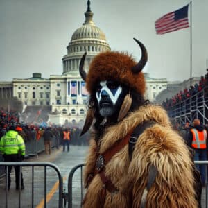 A realistic scene depicting an individual wearing buffalo horns face paint and fur attire participating in the January 6th protests at the US Capitol