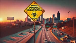 A freeway leading toward Atlanta, Georgia in the horizon and into the sunset with a yellow diamond-shaped road sign that reads 'Warning_ Unintended Co