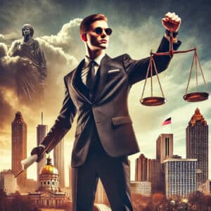 scene depicting an attorney, symbolizing justice, fighting against injustice. He stands confidently, dressed in a formal suit, holding legal documen