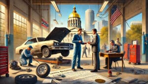 An artistic illustration showing the process of obtaining a title for a car abandoned at a mechanic shop in Georgia. The scene features a mechanic ins