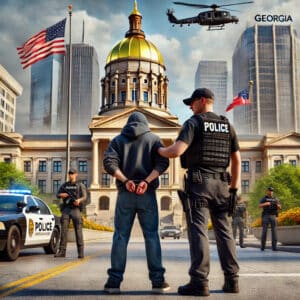 A realistic depiction of a police interaction with a criminal suspect in Georgia, set in a public urban area with recognizable landmarks such as the G